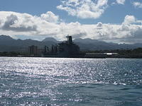 A battleship in Pearl Harbor.